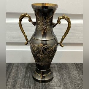 Vintage Etched 12” tall brass Vase. Home decor.